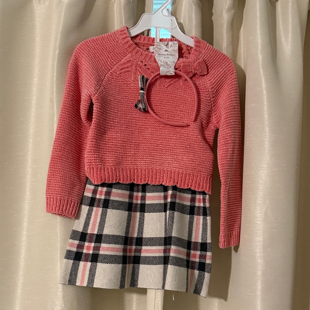 Preppy Pink Knit Sweater and Plaid Skirt Set